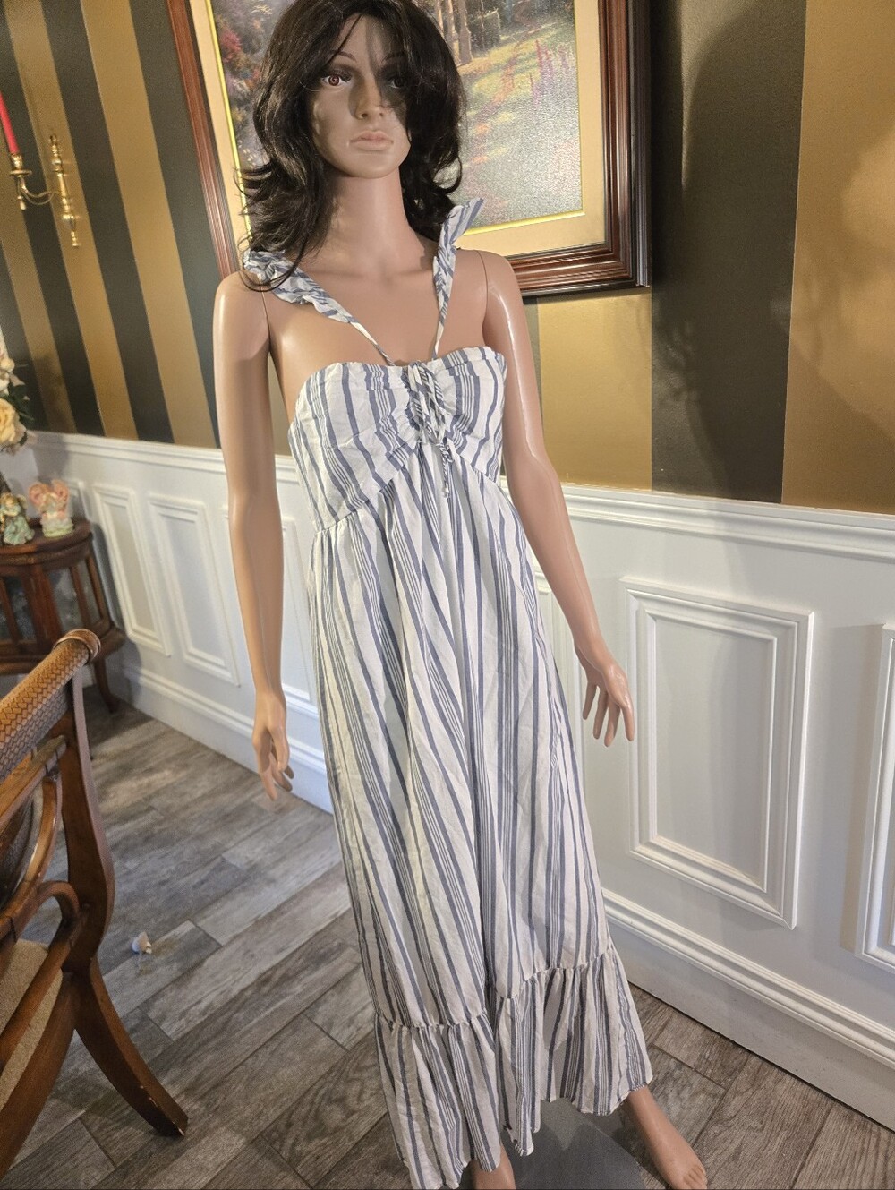 Xhilaration Blue and White Striped Tie-Shoulder Maxi Dress